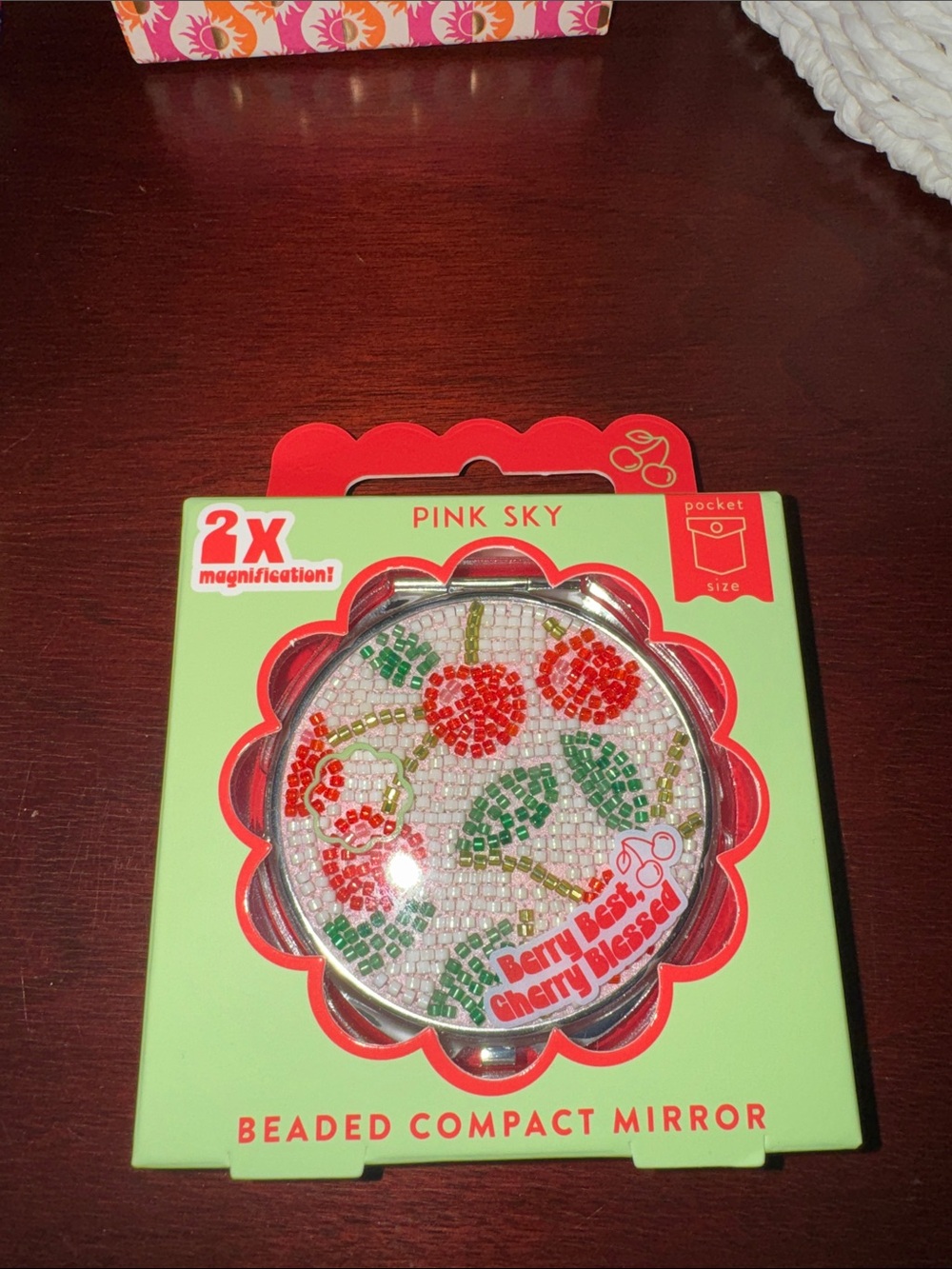 Pink Sky Beaded Compact Mirror - Cherry Design (Green & Red)